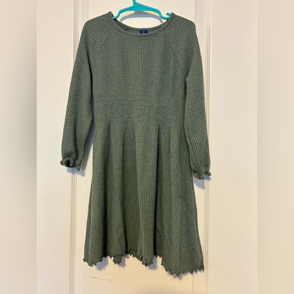 Old Navy Girls Green Waffle Knit Long Sleeve Dress - Picture 2 of 3